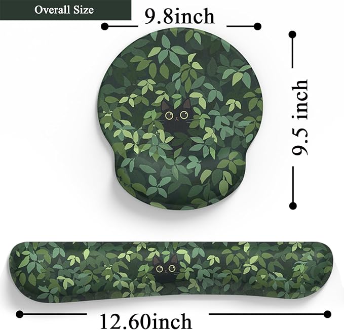 Cute Ergonomic Green Mouse Pad Cat Wrist Support,[ 20% Larger] Wrist Rest Gel Anime Kawaii 3D Green Office Plants Mouse Pads, Keyboards Silicon Wrist Pad, Game Work Study Home Office.