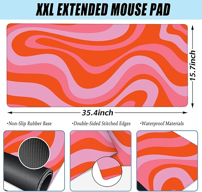 Large Gaming Mouse Pad for Desk,Hippie Groovy Waves Desk Mat for Desktop,Retro Groovy Swirls Desk Pad,Extended Big Computer Keyboard Mouse Pad with Non-Slip Base and Stitched Edge 35.4"x15.7"