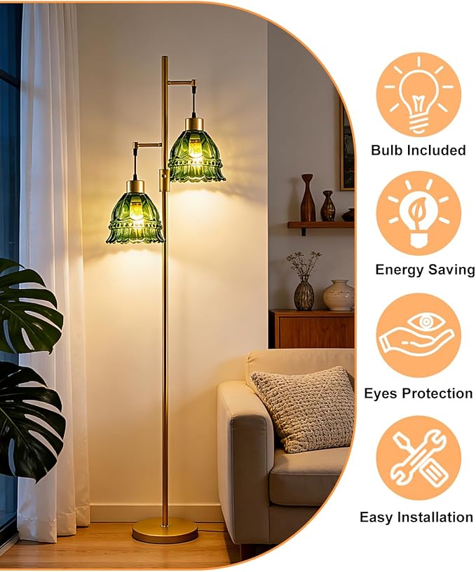 Gold Dimmable Floor Lamp for Living Room, 2-Light 65IN Tall Standing Lamps with Green Glass Lampshade, 3000K Warmwhite Mid Century Modern Floor Lamp for Bedroom/Home Office/Corner