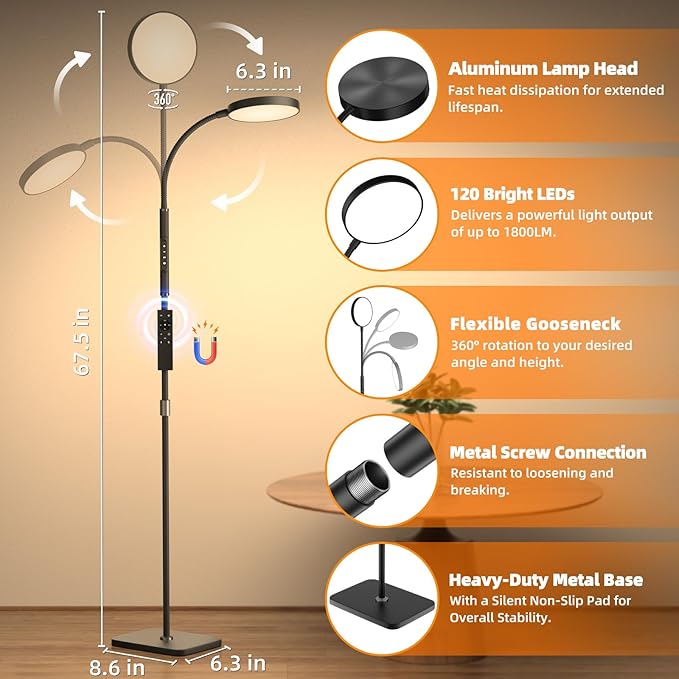 Floor Lamp, Adjustable Height Floor Lamps for Living Room Bedroom, 120 LED Super Bright Standing Lamp Remote & Touch Control Dimmable Gooseneck Tall Stand Reading Lamp for Office Craft, Black