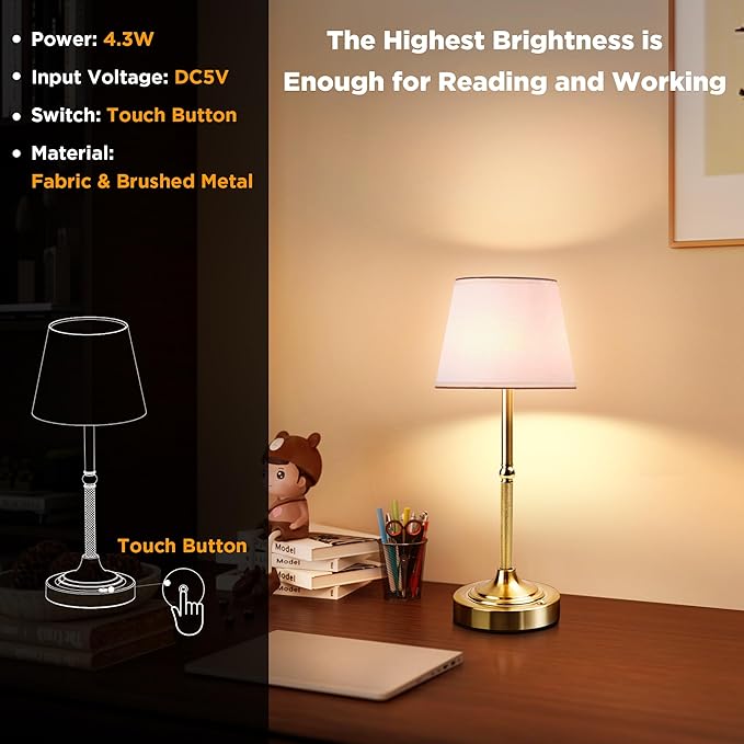 LUTEC Cordless Table Lamp, Battery Operated Lamp with 3 Color Temps and Stepless Dimming, 5200mAh Portable Rechargeable Table Lamp for Restaurant/Bedroom/Bars/Outdoor (Brushed Gold)