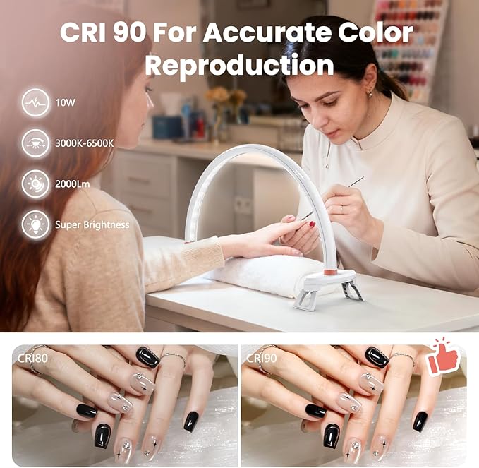 Yokilly Arc Half Moon Light: 16" Half Moon Light with Foldable Bracket for Desk Salon Table Use - No Flicker & Shadow-Free Desk Lamp with Stepless Brightness 3000-6500K for Manicurist Nail Tech