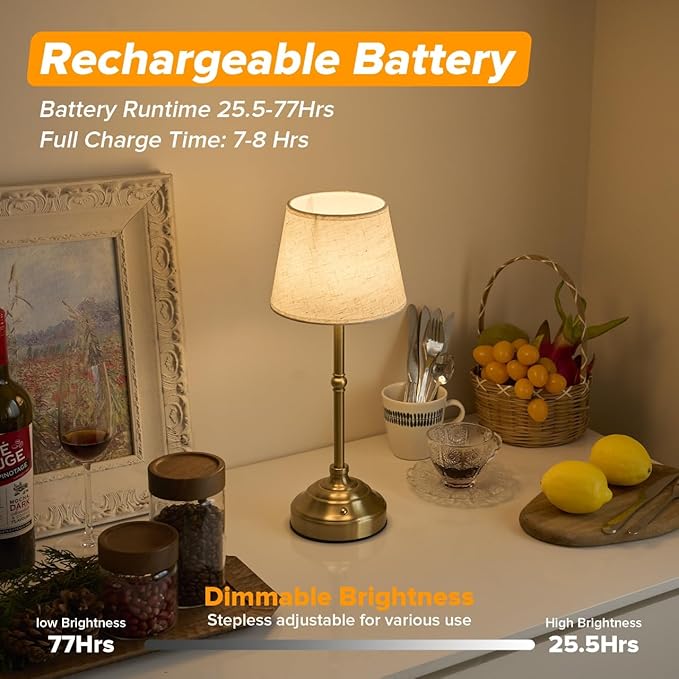 Cordless Table Lamp, Rechargeable Desk Lamp with Fabric Shade, 5400mAH Battery Operated 3 Color Stepless Dimming, Portable Touch Bedside Lamp Home Decor for Dining, Counter (Brushed Gold)