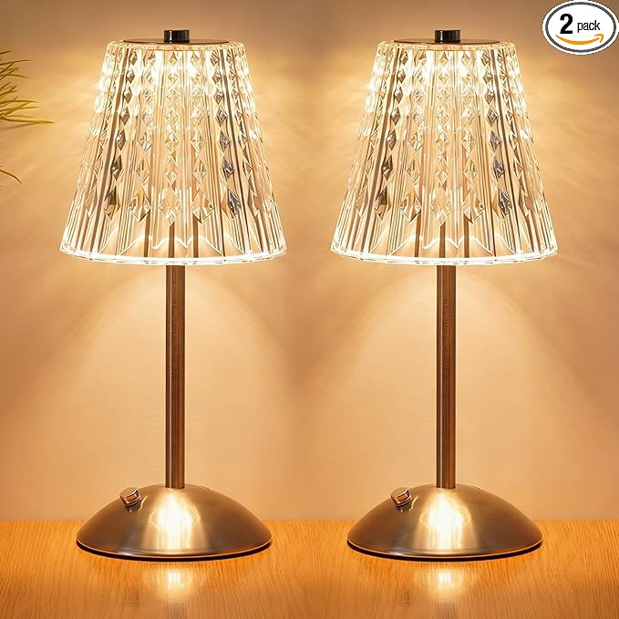 Cordless Touch Table Lamp, LED Rechargeable Small Dask Lamp, 3 Colors Dimmable Battery Operated Crysta Lamp for Bedroom Restaurant Kitchen Home Decor,Silver, 2pcs