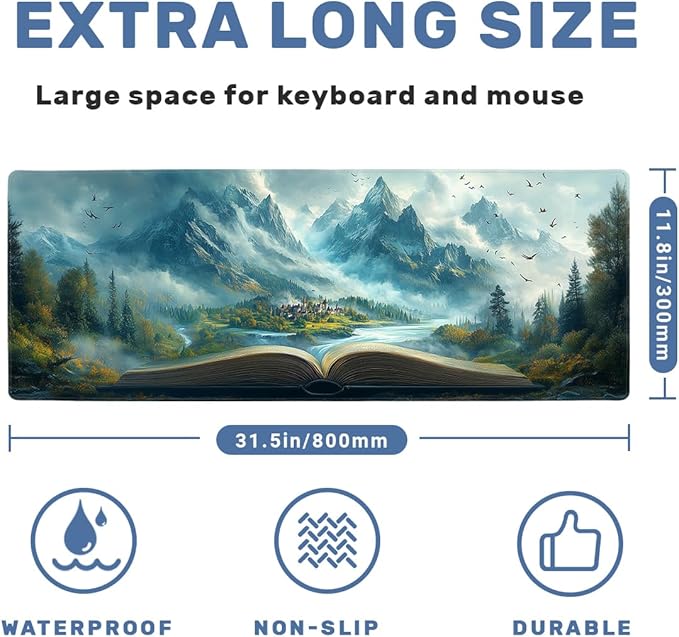 Magical Landscape Desk Mat Gaming Mouse Pad Book River Mountain Fantasy Mousepad Computer Keyboard Pad Mouse Mat Laptop Mat 31.5 x 11.8 Mouse Pads for Desk Home Office Gaming