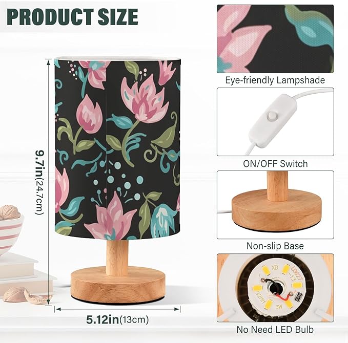 Pink Floral LED Table Lamp, Bedside Lamp with Linen Lampshade, Flicker-Free Eye Care USB Plug in Nightstand Lamp, for Bedroom and Office