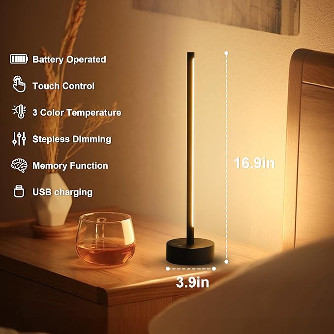 Cordless LED Table Lamp Set of Two, Battery Operated Portable Desk Lamp, Dimmable/3 Color/Memory Function, Modern Rechargeable Table Light for Living Room,Bedroom, Bedside, Black, 2 Pack