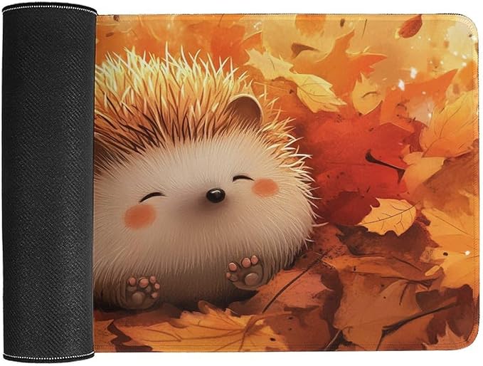 Large Ergonomic Gaming Mouse Pad Cozy Hedgehog in Autumn Leaves - Cute Forest Animal Theme with Non-Slip Base Water-Resistant Surface and Stitched Edges 40X75cm