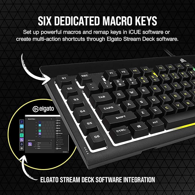 Corsair K55 RGB PRO Membrane Wired Gaming Keyboard – QWERTY US Layout, IP42 Dust and Spill-Resistant – 6 Macro Keys with Elgato Integration – iCUE Compatible – PC, Mac, Xbox – Black