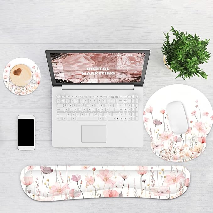 Ergonomic Mouse Pad with Wrist Rest and Keyboard Wrist Rest, Mousepad and Wrist Rest for Computer Keyboard, Non-Slip Rubber Base, Mouse Pad Wrist Support for Gaming, Office, Pink Watercolor Flower