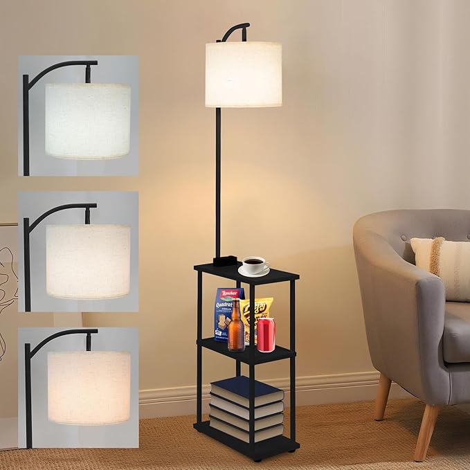 Floor Lamp with Table, Narrow Side Table with USB-A/USB-C Charging Station and AC Port, 3 Color Temperatures 12W LED Bulb, End Table for Bedroom, Living Room and Home Office, Black