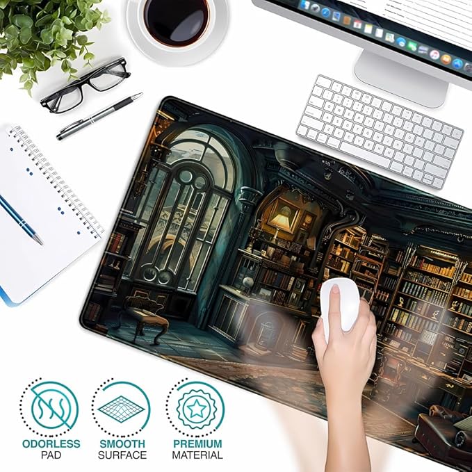 Dark Gothic Desk Mat Gaming Desk Pad Large Mouse Pad, Magician'S Fantasy Bookcase Gothic Mouse Mat XXL Laptop Keyboard Pad, Laptop Keyboard and Mouse Mat Desktop Protector Mat 31.5 X 15.7 in