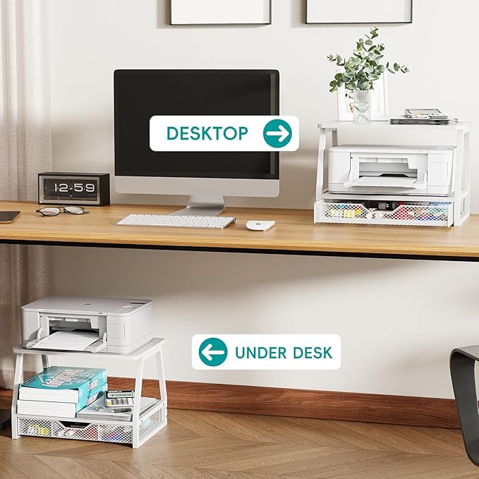 2-Tier Printer Stand with Storage, Desktop Organizer with Drawers for Printer Paper, Desk Shelf for Office and Home Printer Tables for 3D Printers‌ White