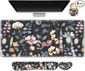 ARTSO Gaming Mouse Pad Wrist Support Set, XXL Large Desk Mat Mousepad + Keyboard Wrist Support+ Mouse Wrist Rest+Coaster 4in1 Ergonomic, Memory Foam, Stitched Edge for Home Office -Flowers Plants