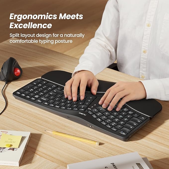 Nulea Wireless Ergonomic Keyboard, Split Keyboard with Cushioned Wrist Rest, Bluetooth and USB Connectivity, USB-C Rechargeable, Compatible with Windows Mac(Black)