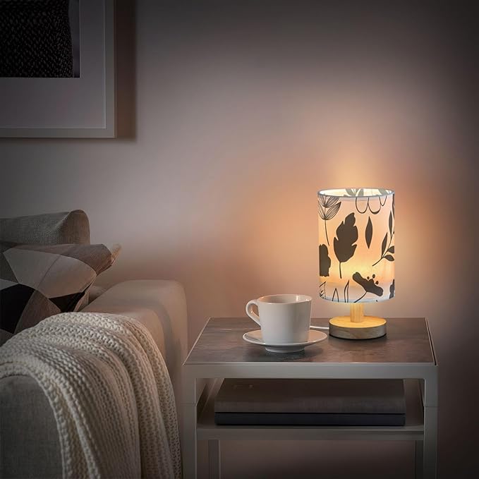 Black Floral LED Table Lamp, Bedside Lamp with Linen Lampshade, Flicker-Free Eye Care USB Plug in Nightstand Lamp, for Bedroom and Office