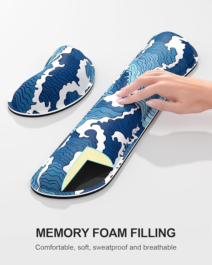 Auhoahsil Large Mouse Pad with Wrist Rests for Keyboard & Mouse, Thick Soft Ergonomic Memory Foam Wrist Supports, Big & Long Desk Mat 35.5 x 15.7 in, for Office Gaming Computer, Blue Wave