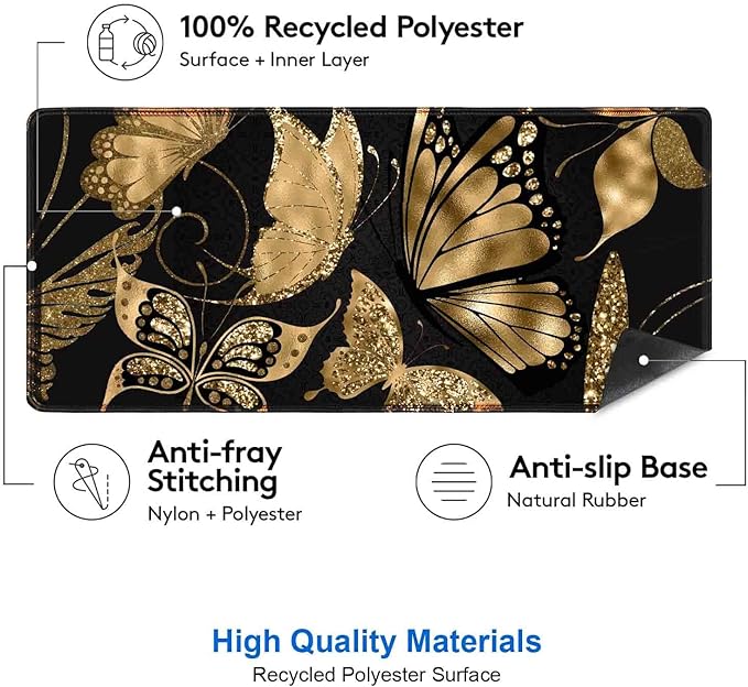 IMAYONDIA Black and Gold Desk Mat (35.4x15.7 in), XL XXL Gaming Large Mouse Pad, Non-Slip Rubber Base Big Keyboard Deskmat for Desktop, Computer Accessories, Butterfly Gold Glitter Foil Art