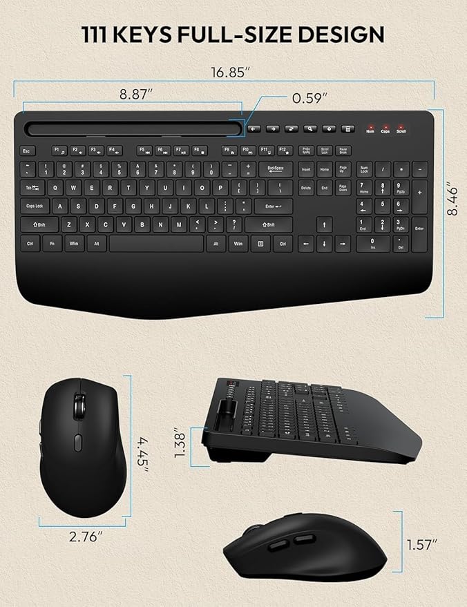 Wireless Keyboard and Mouse Combo - Full Size Ergonomic Wrist Rest, Silent Typing, Phone Holder, 2.4 GHz, 3 Level DPI, KM23D Set Compatible with PC, Laptop, Windows, macOS -SABLUTE