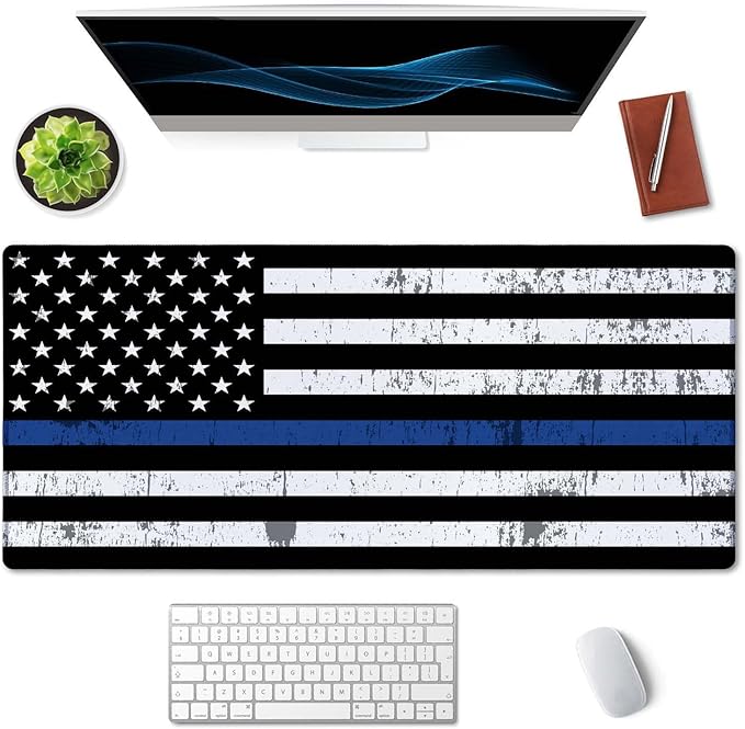 SSOIU Desk Mat, Extended Gaming Mouse Pad 35.5x15.7 in, Large Non-Slip Rubber Base Mousepad with Stitched Edges, Waterproof Keyboard Mouse Mat Desk Pad for Office, Home - Retro US Thin Blue Line Flag