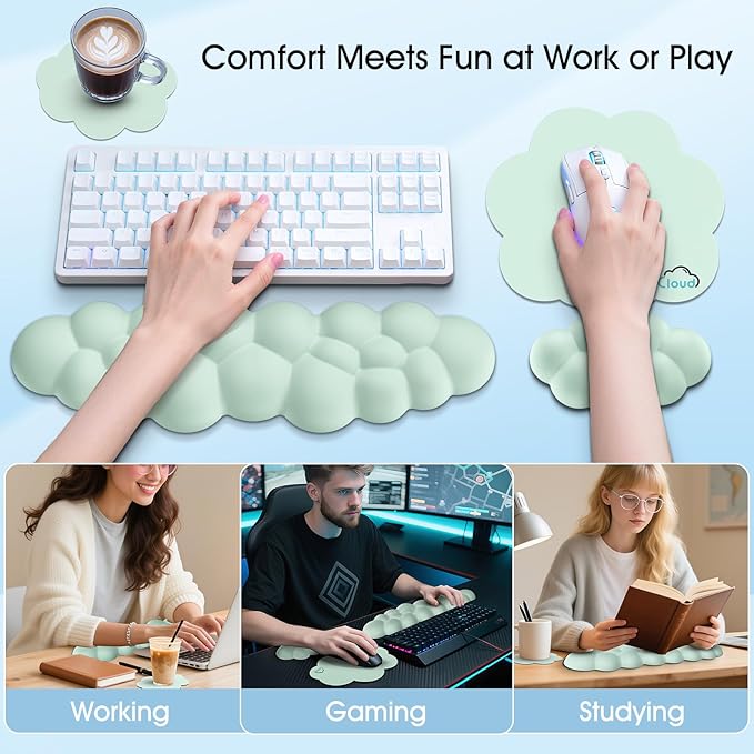 Cloud Wrist Rest Keyboard Cushion, 4-in-1 Ergonomic Cloud Keyboard Wrist Rest and Mouse Pad Set with Memory Foam Arm Support for Palm, Cute Desk Accessory for PC Gaming Setup, Light Green