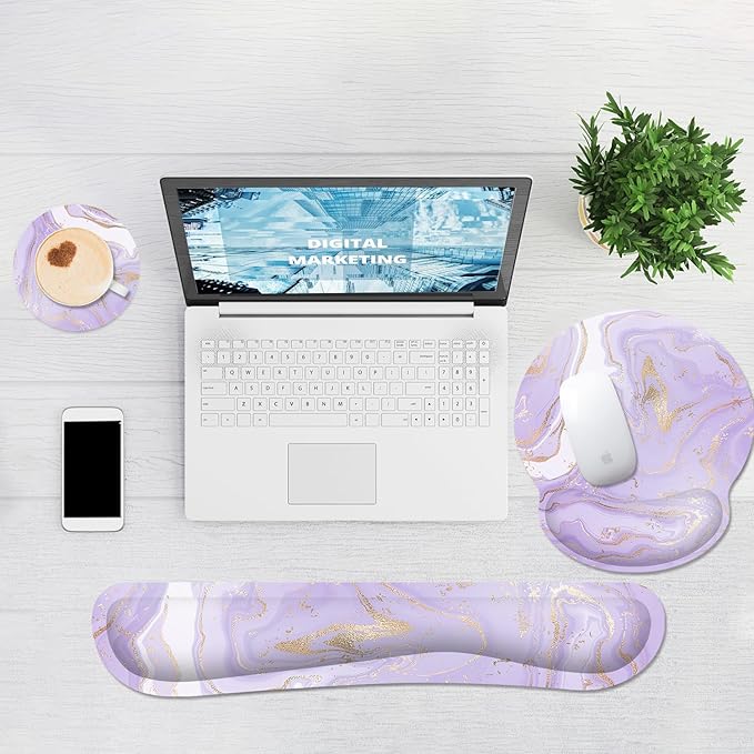 Ergonomic Mouse Pad with Wrist Rest and Keyboard Wrist Rest, Memory Foam Wrist Rest for Computer Keyboard, Easy Typing, Mouse Pad Wrist Support for Gaming,Office, Laptop, Purple Marble