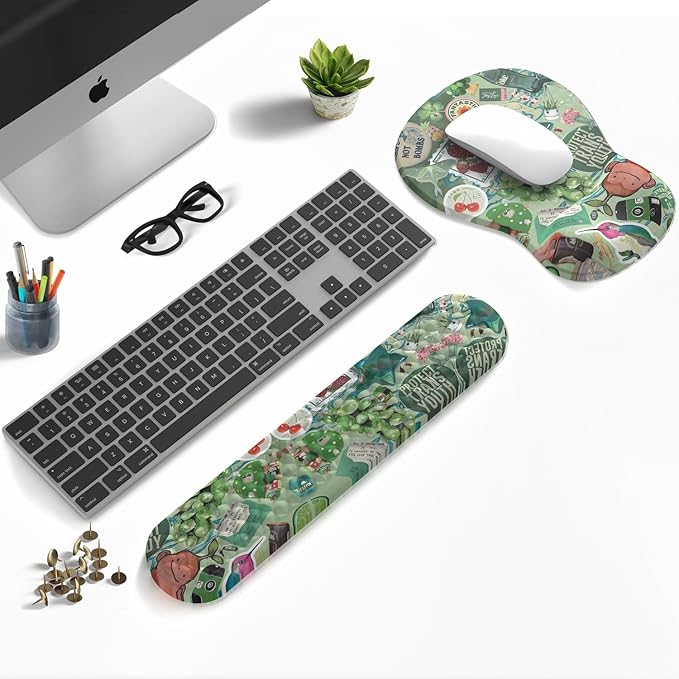 Mint Green Keyboard Wrist Rest Support Mouse Pad&Keyboard Set, Cute Green Ergonomic Mousepad Non-Slip Base Desk/Office Easy Typing Pad with Neoprene Cloth&Raised Curved Memory Foam