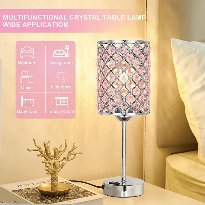 Hong-in Pink Lamps for Night Stands-Crystal Table Lamp with USB-C+A & AC Charging Ports, 3-Way Dimmable Nightstand Touch Lamp, Bedside Desk lamp for Bedroom Living Room Home Office