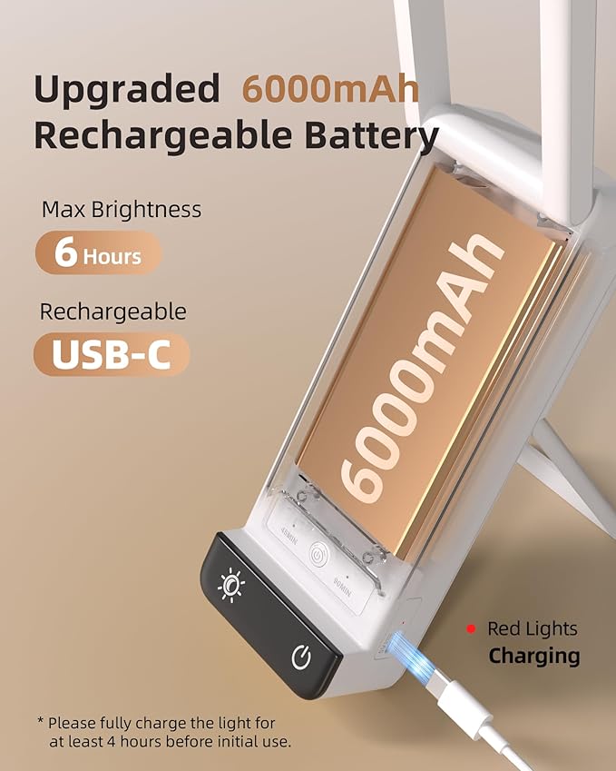 EZVALO Rechargeable Desk Lamp, 6000mAh Battery Wireless Light, Cordless Table Lamp for Book Reading, Foldable Mini Lamps & Portable, 3 Color Dimmable Small Light for Bed, Nail Light, Craft, White
