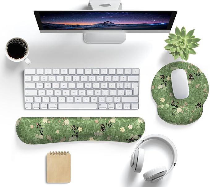 Cute Flower Mouse Pad Wrist Support Ergonomic Green Hide Out Cat, Keyboard Mouse Wrist Rest Non-Slip Gel Anime Kawaii 3D Mouse Pads Wrist Pad,Easy Typing, Comfortable Computer Mouse Pad.