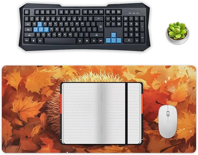 Large Ergonomic Gaming Mouse Pad Cozy Hedgehog in Autumn Leaves - Cute Forest Animal Theme with Non-Slip Base Water-Resistant Surface and Stitched Edges 40x90cm
