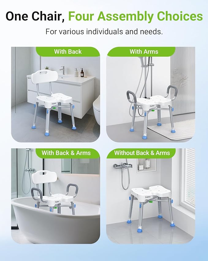 Ergonomic H-Shaped Shower Chair for Elderly and Disabled with Back & Padded Arms,500 lbs Heavy Duty Adjustable Shower Stool Seat for Easy Cleaning, Anti-Slip Bath Chairs for Bathtub