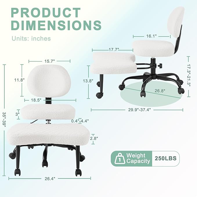 GUNJI Ergonomic Criss Cross Legged Office Chair, 360° Swivel Meditation Kneeling Chair with Wheels, ADHD Chair with Footrest, Lumbar Support, Wider Height Adjustable Seat (White, Teddy Fleece)