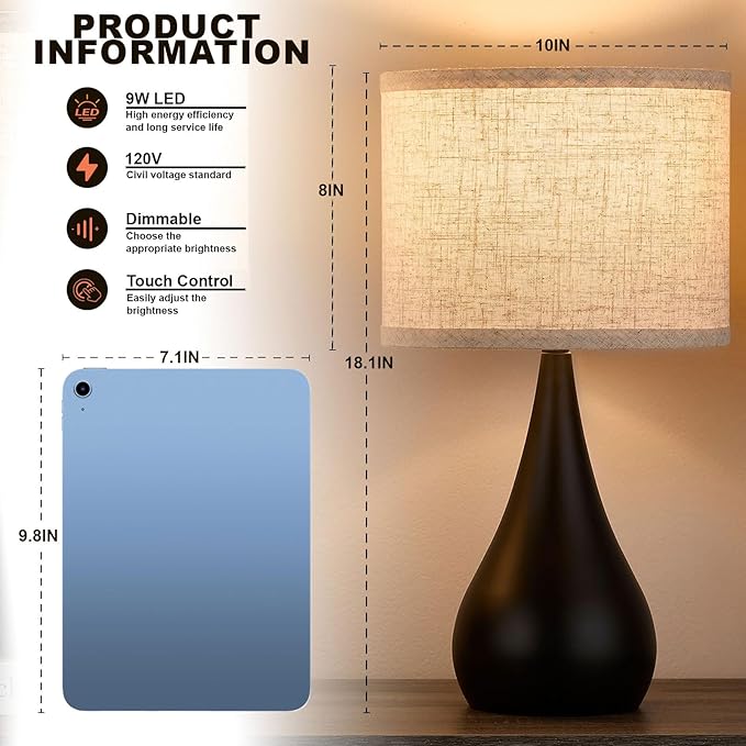 18.1'' Small Modern Touch Lamps for Nightstand Set of 2 with 3 Way Dimmable, Table Lamps for Living Room, Office, Bedside Lamps with Heavy Iron Base, Touch Switch, Bulb Included, Black