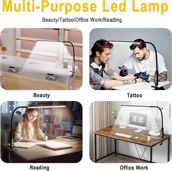 CGBE Nail Light for Desk: 360° Adjustable Nail Lamp for Desk with 3 Color Modes 5 Brightness, 23.6-Inch Led Desk Lamp for Salon Manicurist Tattoo Crafts Sewing Work Reading Game - Black