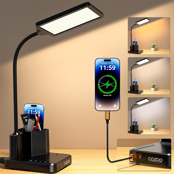 Desk Lamp, COZOO LED Desk Lamps for Home Office with USB Charging Port/Outlet/Organizer,Desk Lamp for College Dorm Eye-Caring Study Light,Gooseneck Table Lamp with Pen Holders/Storage,9 Lighting Modes