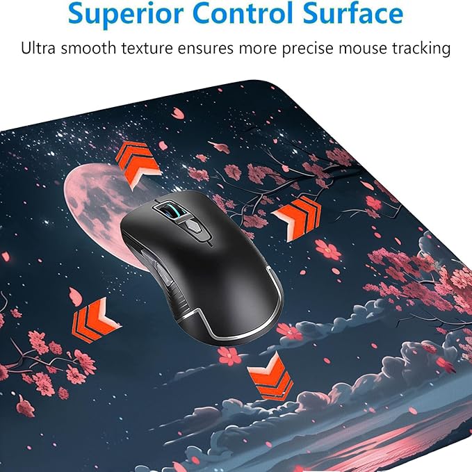 Cherry Blossom Floral Desk Pad Mouse Pad Kawaii Pink Black Moon Floral Gaming Mouse Mat with Stitched Edges,Non-Slip Waterproof Rubber Base Mous Mat Office Computer Keyboard Laptop Home 31.5"x11.8"