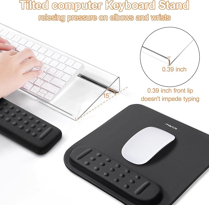 MOSISO Computer Keyboard Stand&Wrist Rest Support for Keyboard &Mouse Pad Set, Ergonomic Massage Wrist Rest Set, Easy Typing Working Acrylic Clear Stand for Office Home, Black