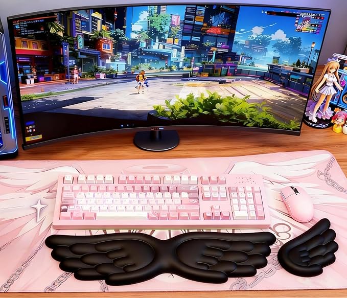 Angel Wing Wrist Rest Ergonomic Memory Foam Wrist Rest for Computer Keyboard Mouse Set, Cute Gaming Keyboard Cushion Hand Support PU Leather Surface Anti-Slip Waterproof Dirt Resistant