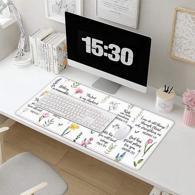 Christian Inspirational Floral Large Mouse Pad 31.5x15.7inch, Religious Bible Verse Large Extended Computer Desk Mat Mousepad for Keyboard and Mouse, Christian Desk Accessories
