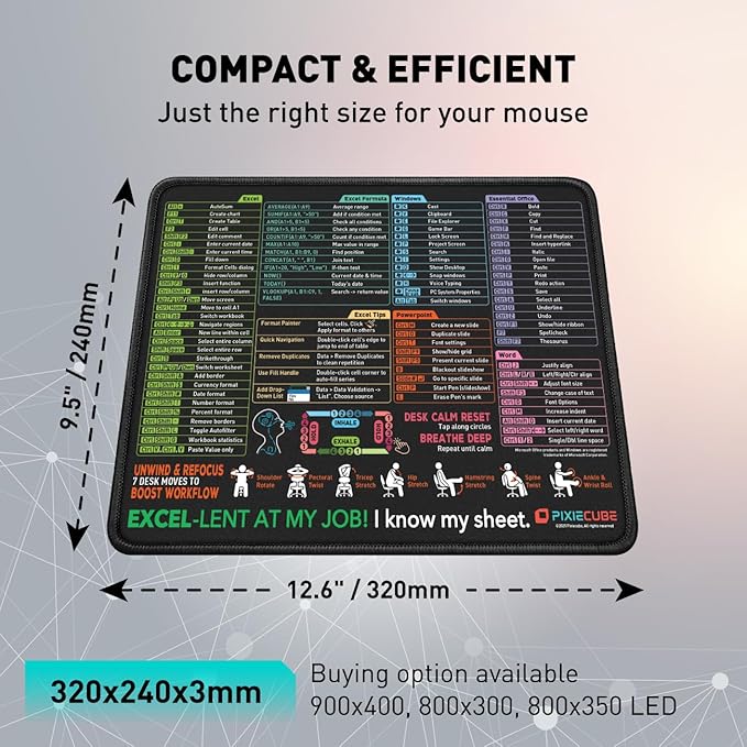 Excel Shortcut Mouse Pad with Windows, Word & PowerPoint Shortcuts - Small Excel Cheat Sheet Desk Pad | Non-Slip Stitched Gaming Mousepad | Large Mouse Pads for Desk Computers & Workstations