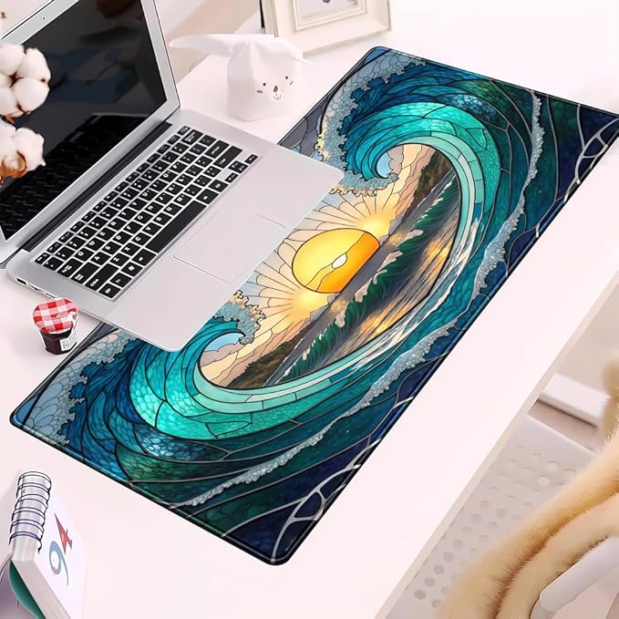 Beach Sunset Desk Mat Cute Large Mouse Keyboard Desk Pad, Aesthetic Cute Gaming Desk Keyboard Mats for Desk Pad Mat, Faux Stained Glass Sunset Mousepad Southwest Landscape Desk Pad 31.5x15.7 in