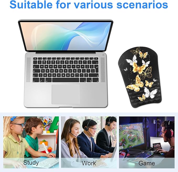 Ergonomic Wrist Mouse Pad with Massage Design, Wrist Rest Pain Relief Mousepad with Memory Foam Non-Slip PU Base, Mouse Pad with Wrist Support for Wireless Mouse & Desk, Y Butterfly B