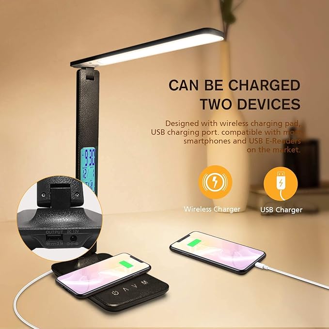 Desk Lamp with USB Charging Port,Wireless Charger LED Desk Lamp,Adjustable Foldable Table Lamp with Clock, Alarm, Date,5 Levels Dimmable Lighting,Home Office Lamp for Studying, Reading,Working (Black)