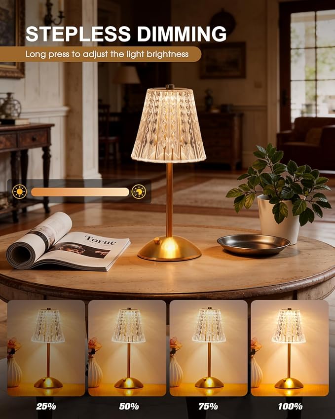 Rechargeable Cordless Table Lamp, Touch Control Crystal Desk Lamp with 3500mAh Battery, 3 Color Dimmable LED Small Lamp for Bedroom Bedside Restaurant Kitchen Home Decor, Gold