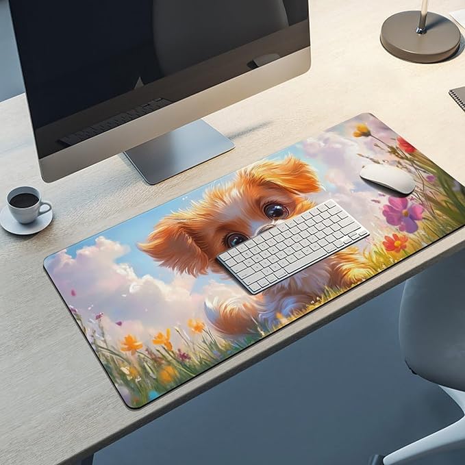 Large Ergonomic Gaming Mouse Pad Charming Fluffy Dog in Bright Meadow - Cute Pet Theme with Non-Slip Base Water-Resistant Surface and Stitched Edges 40x90cm