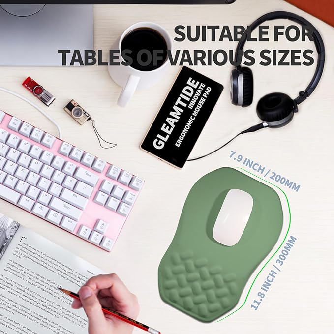 Ergonomic Raised Mouse Pad Wrist Support with Bilateral Slope Memory Foam Mousepad for Wrist Rest and Ergonomic Support 11.8x7.9〃 Green