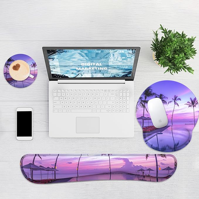 Ergonomic Mouse Pad with Wrist Rest and Keyboard Wrist Rest, Mousepad and Keyboard Pad, Non-Slip Rubber Base, Mouse Pad Wrist Support for Gaming, Computer, Office, Home, Purple Beach