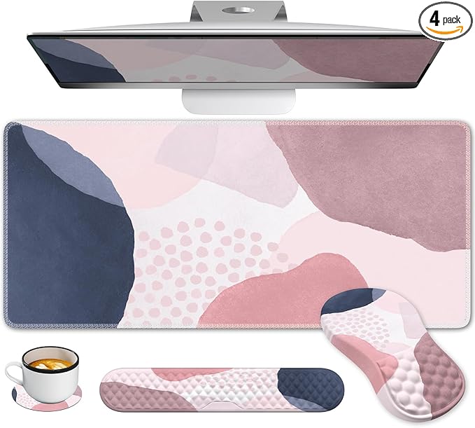 Desk Mat for Keyboard and Mouse, Ergonomic Mouse Pad Set, Pink Boho Navy