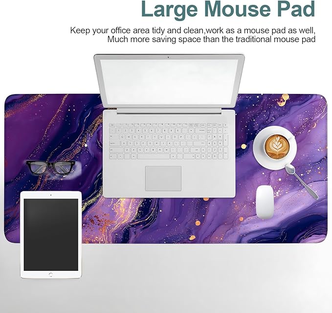 Purple Marble Extended Gaming Mouse Pad 35.4x15.7Inch Large Desk Mat Anti-Slip Rubber Base & Durable Stitched Edges for Gamers Smooth Mouse Writing Surface for Desk Office/Home